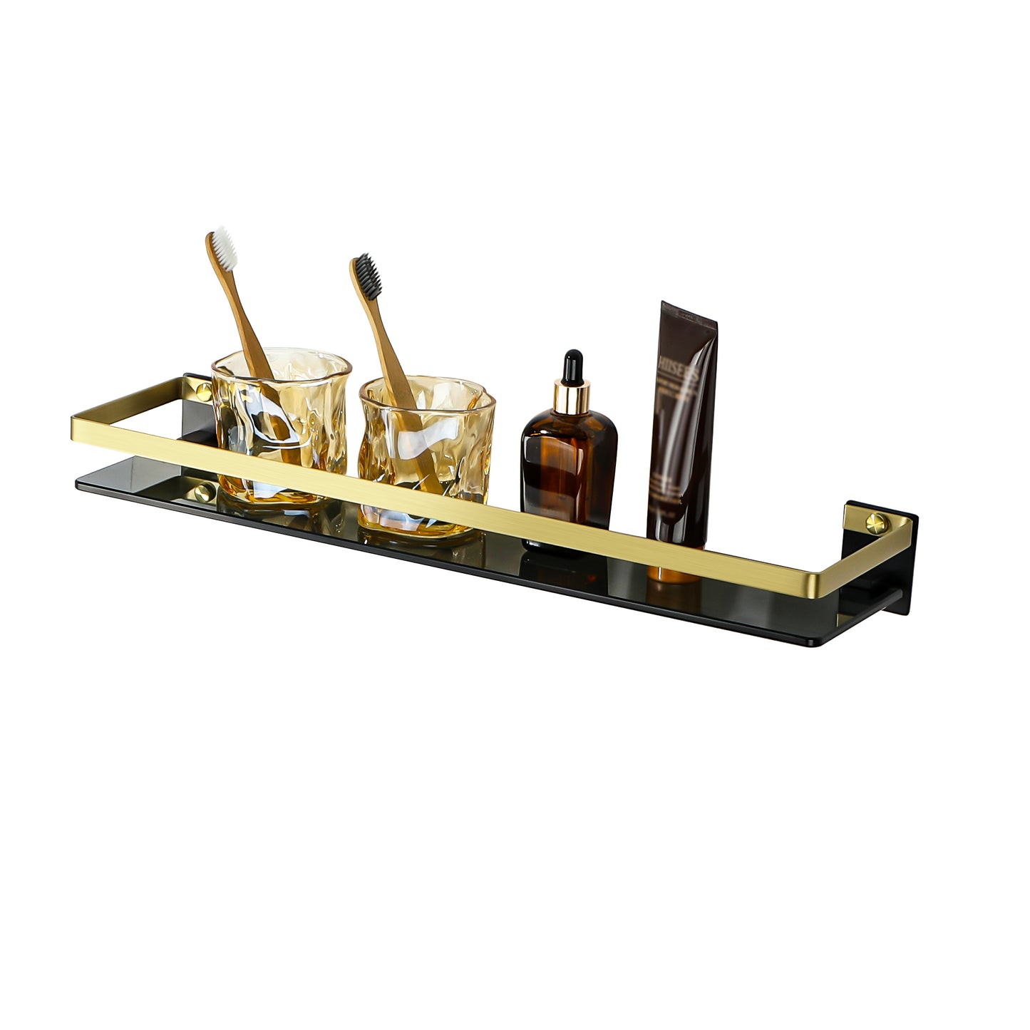 SAYAYO Bathroom Shelf Tempered Glass Shelf Wall Mounted, Black/ Brushed/ Gold Shower Storage with SUS304 Stainless Steel Rail, 38CM/ 50CM/ 60CM Length