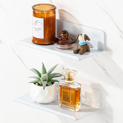 SAYAYO Floating Shelves Self Adhesive, Stick on Wall Display Storage Shelf for Bedroom, Bathroom, Kitchen, Living Room, Office, No Drilling, Set of 2, White/ Black, 20CM - 40CM