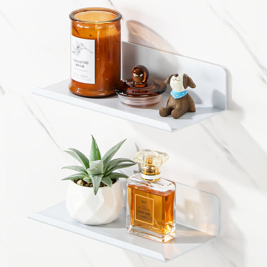 SAYAYO Floating Shelves Self Adhesive, Stick on Wall Display Storage Shelf for Bedroom, Bathroom, Kitchen, Living Room, Office, No Drilling, Set of 2, White/ Black, 20CM - 40CM