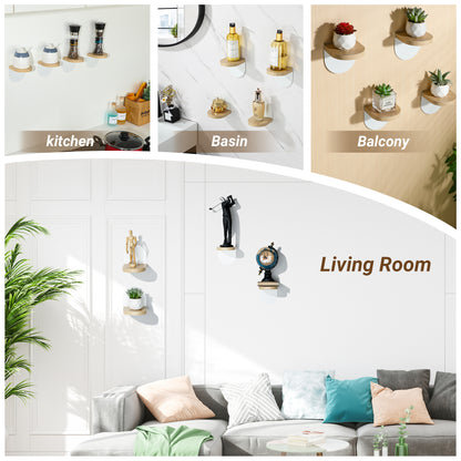 SAYAYO Small Floating Shelves for Wall Set of 4, Round Wooden Wall Shelves with White/ Black Sticky Metal Brackets for Small Objects, Rustic Decor for Bedroom, Living Room, Screw in/ Self Adhesive, 10x10cm